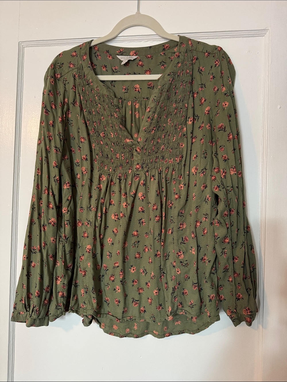 Lucky Brand Olive Green Floral Smocked V-Neck Blouse